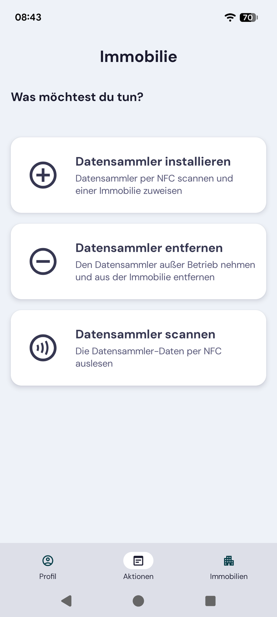 MeterConnect Startbildschirm mit den Aktionen