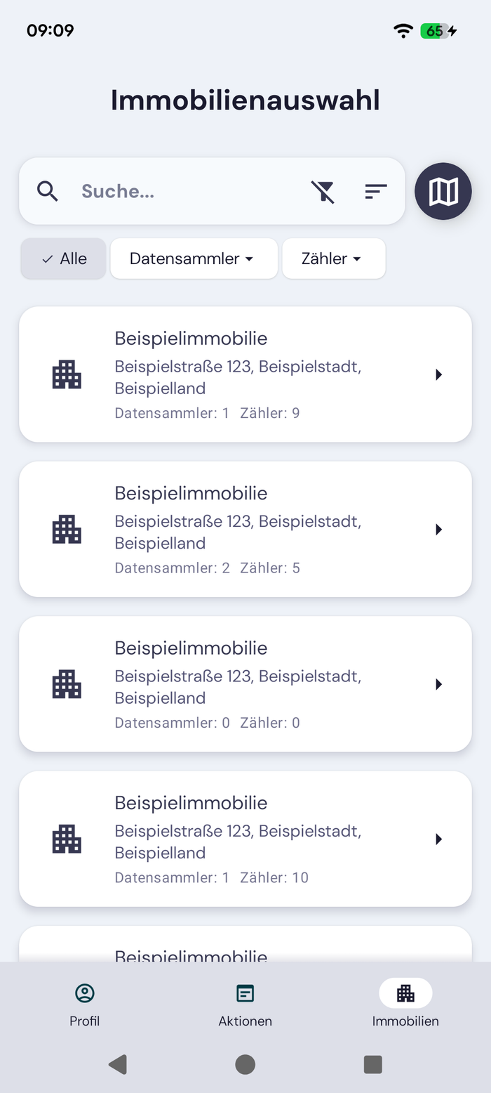 Immobilienauswahl mit Suche und Filtern