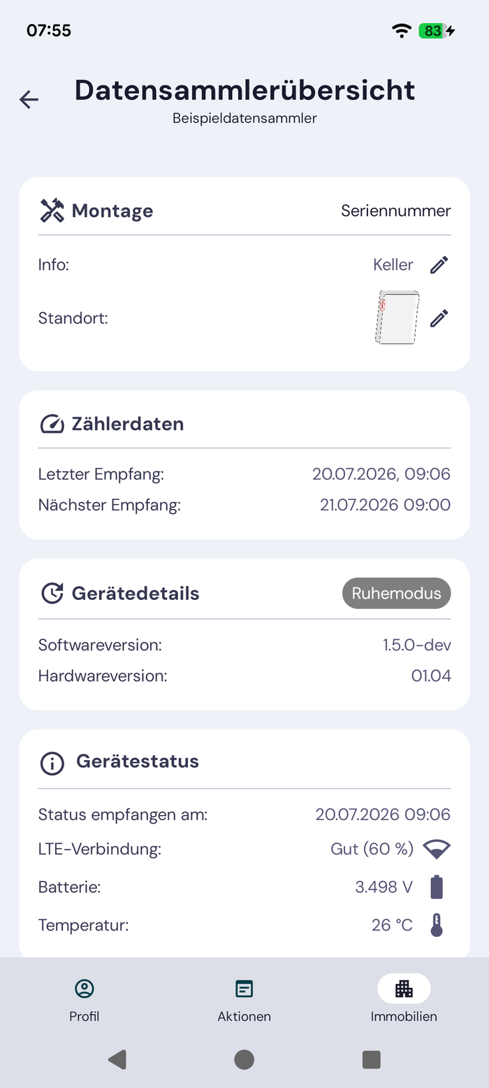 Datensammler-Übersicht mit Montage, Zählerdaten und Gerätestatus